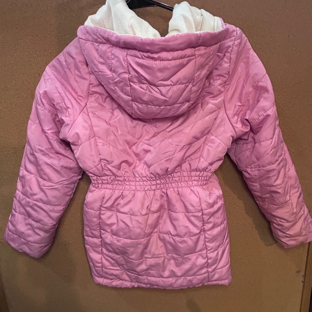 Juicy Couture Puffer Jacket Girls 10/12 Pink Faux Fur Hooded Quilted Reversible